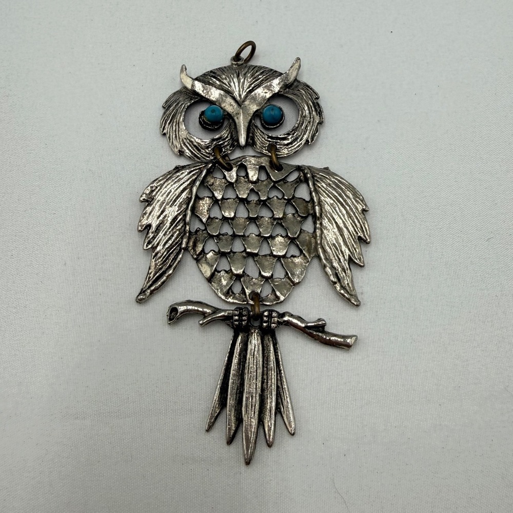 Owl Pendant Silver Tone Vintage Turquoise Colored Eyes
